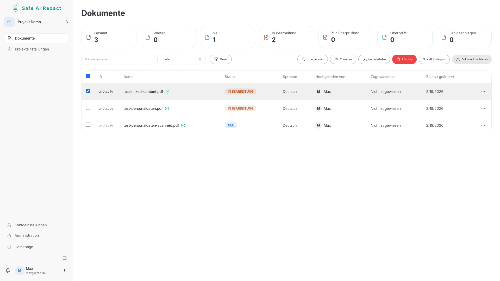 Massenaktionen für ausgewählte Dokumente