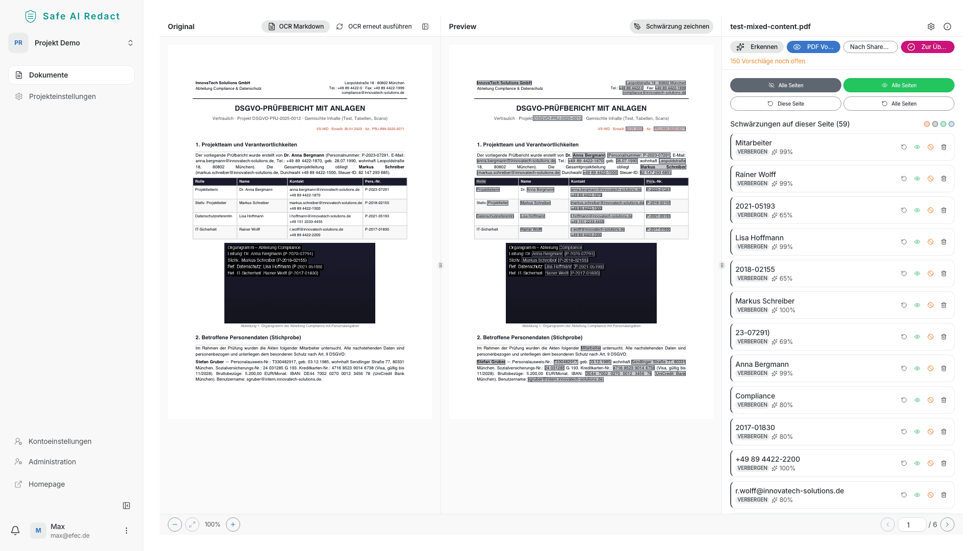 Bestätigte Schwärzungen im Editor