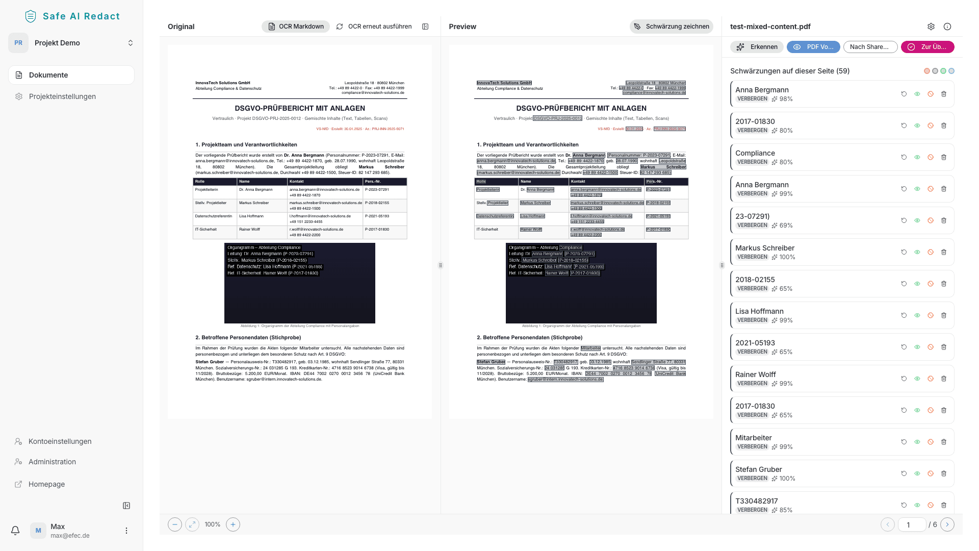 Geschwärztes Dokument exportiert