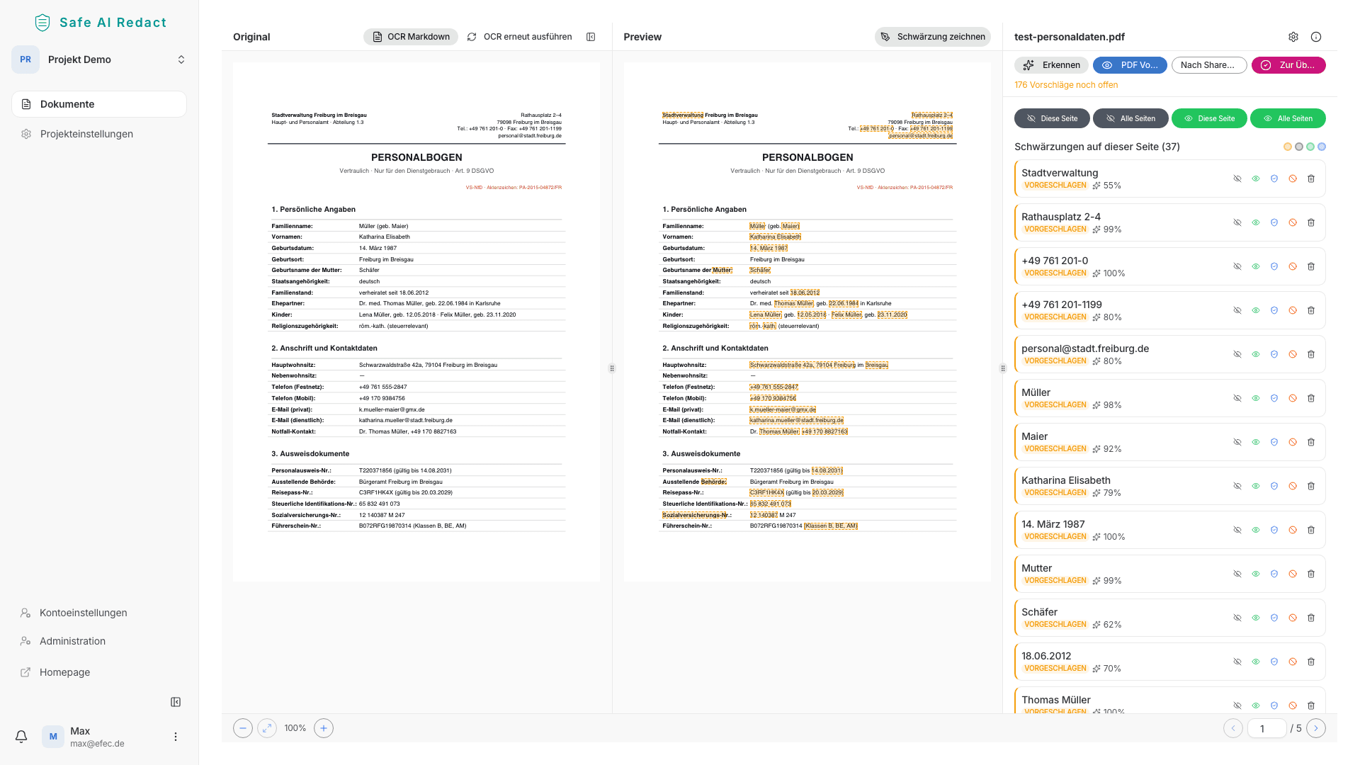 SafeAiRedact Editor mit 3-Spalten-Layout
