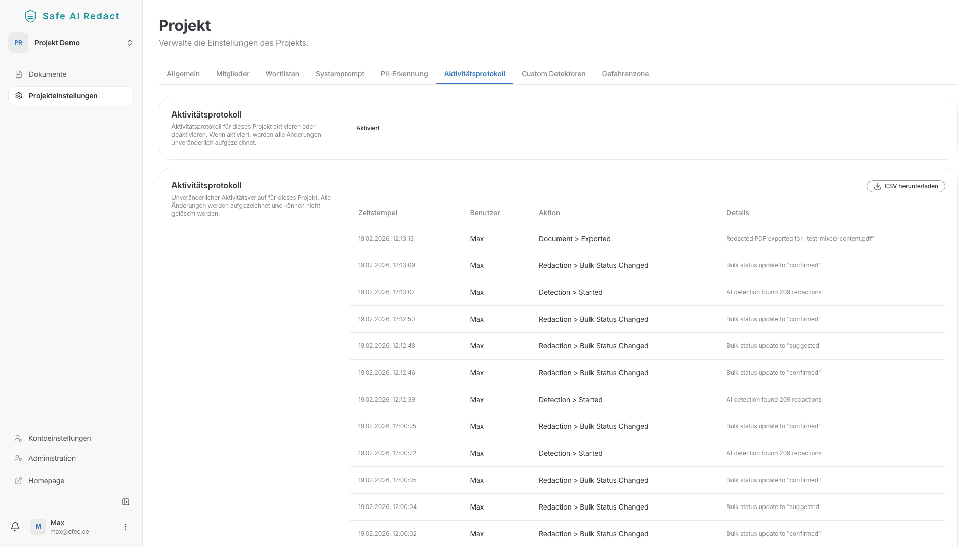 Aktivitätsprotokoll mit CSV-Export
