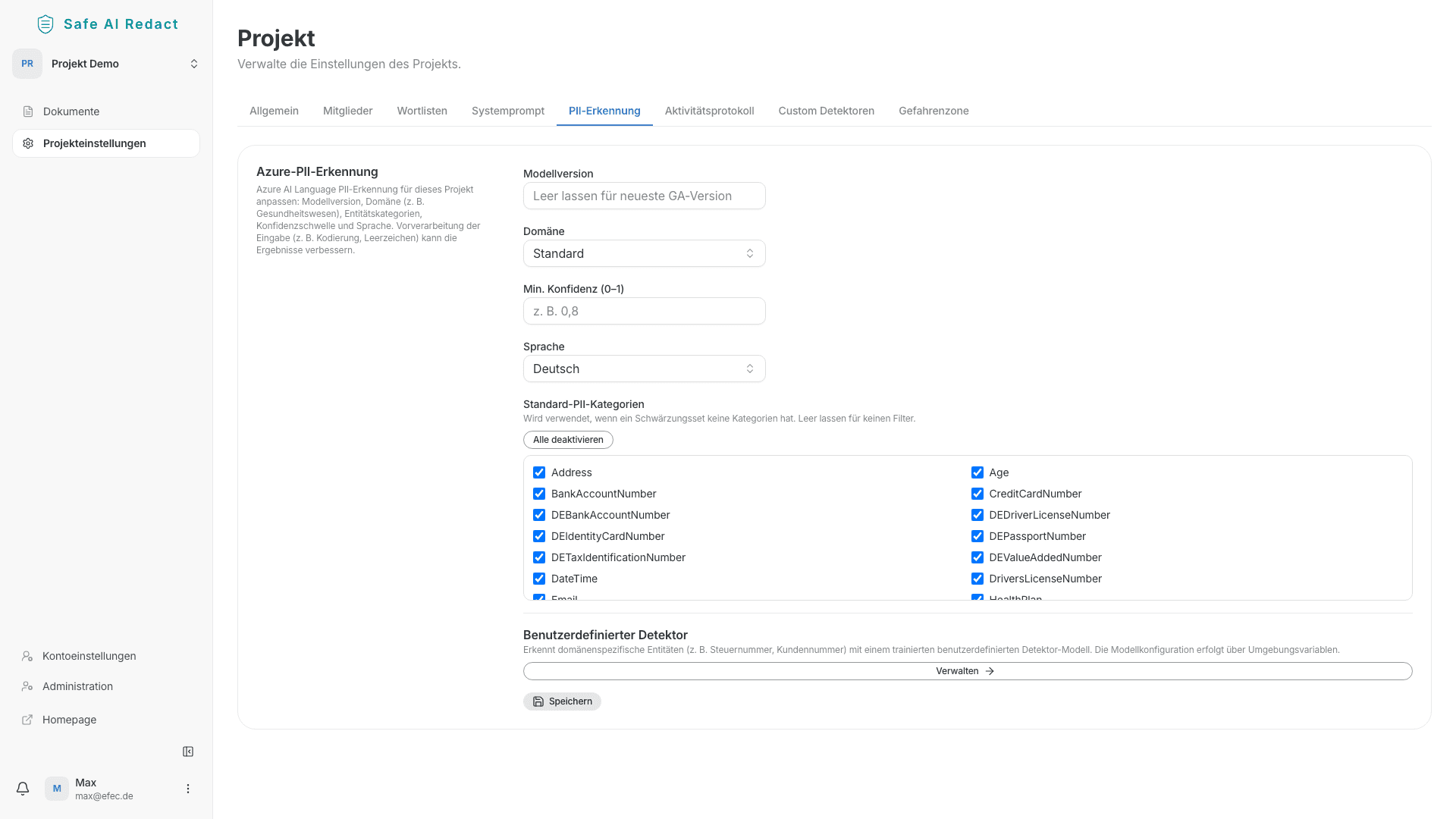 PII-Erkennungseinstellungen