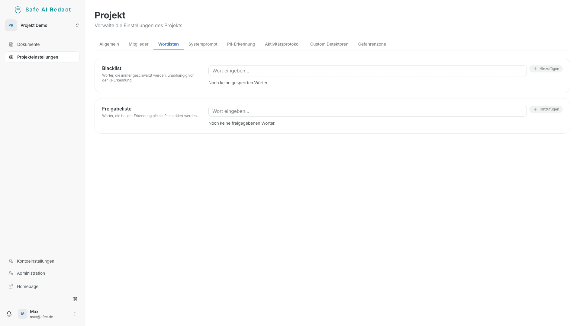 Wortlisten-Einstellungen mit Blacklist und Whitelist
